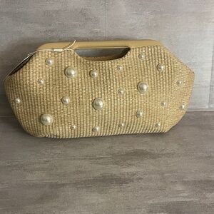 Pearl-Embellished Straw Clutch Bag in Natural